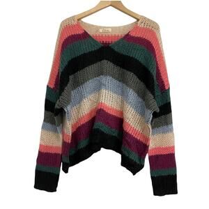 ELAN Sweater Pullover V Neck Stripe Multi Color Cozy Comfy Size Large
